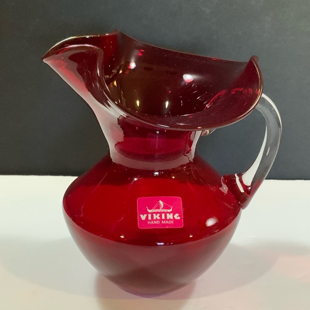 Vintage Viking Red Pitcher Hand Made Clear Handle Glass #13